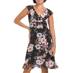 London Times Petites Floral Ruffle Trim Faux Wrap Dress Black Blush 10P